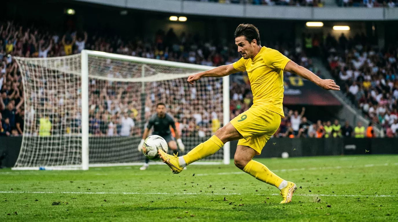 Delantero de fútbol rematando a portería durante un partido profesional de LaLiga