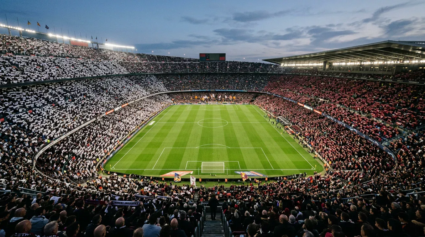 Estadio de fútbol lleno de aficionados antes del saque de un partido importante de LaLiga