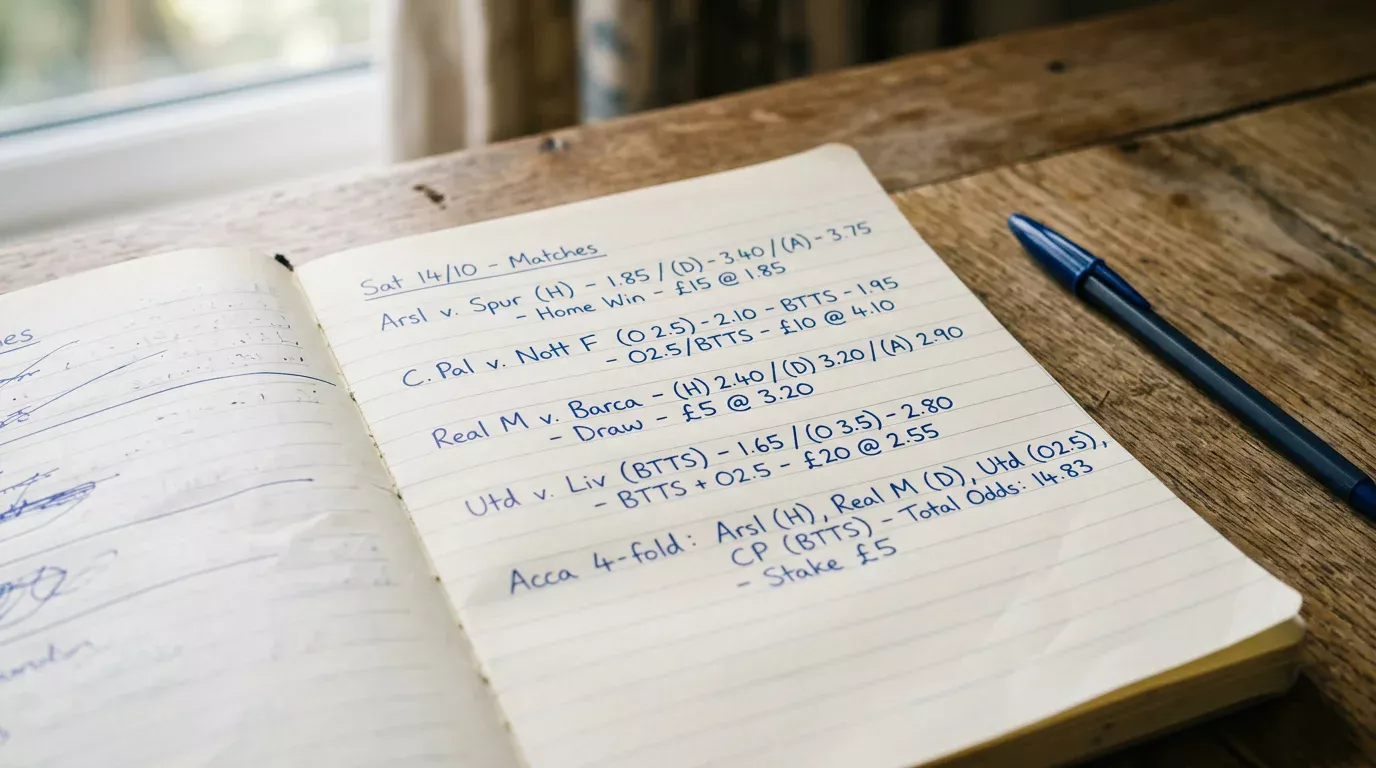 Cuaderno abierto con notas manuscritas y cuotas deportivas sobre una mesa de madera