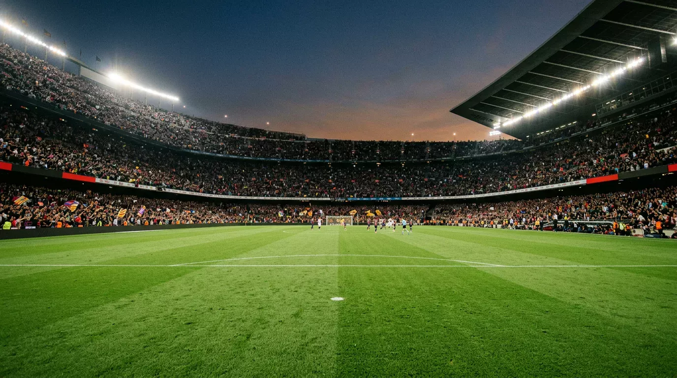 Estadio de fútbol visto desde el centro del campo durante el final de un partido
