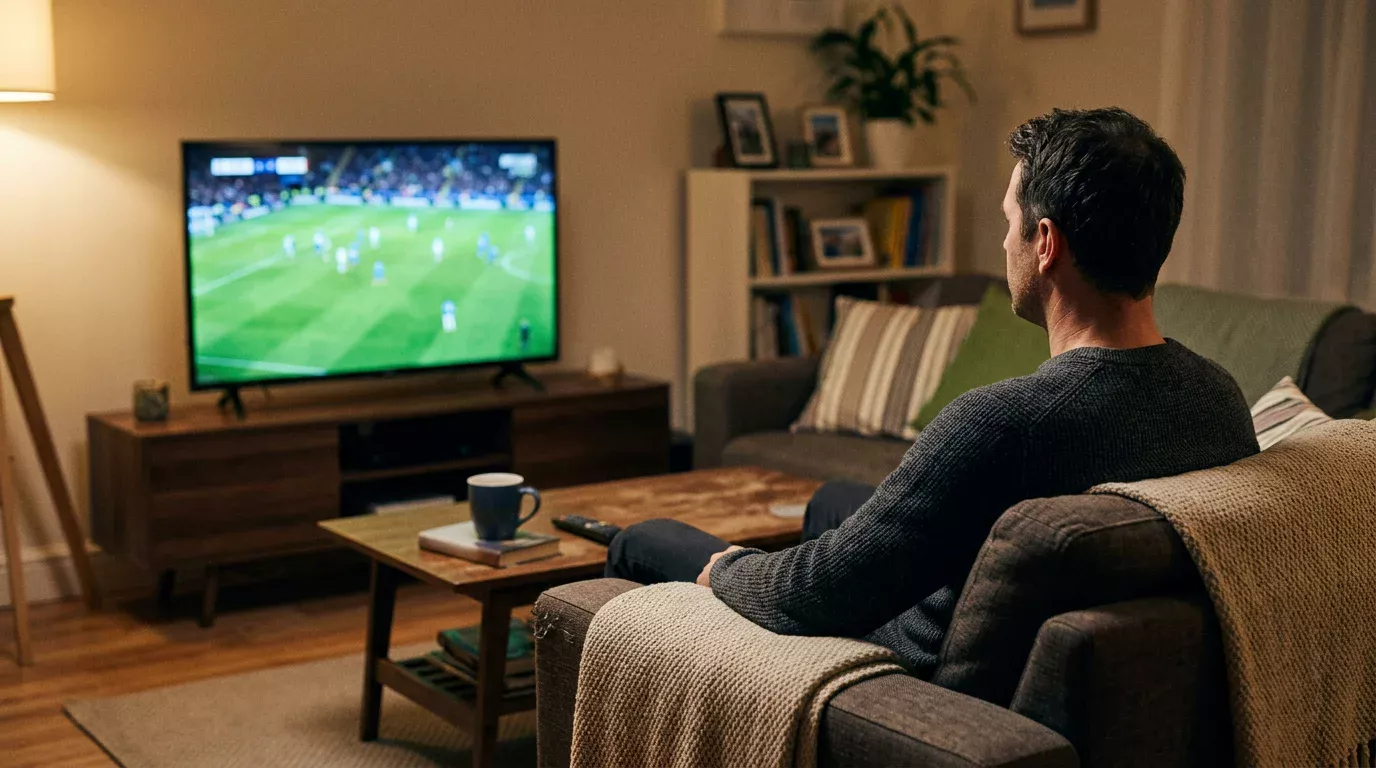 Aficionado viendo un partido de LaLiga en un televisor en el salón de casa