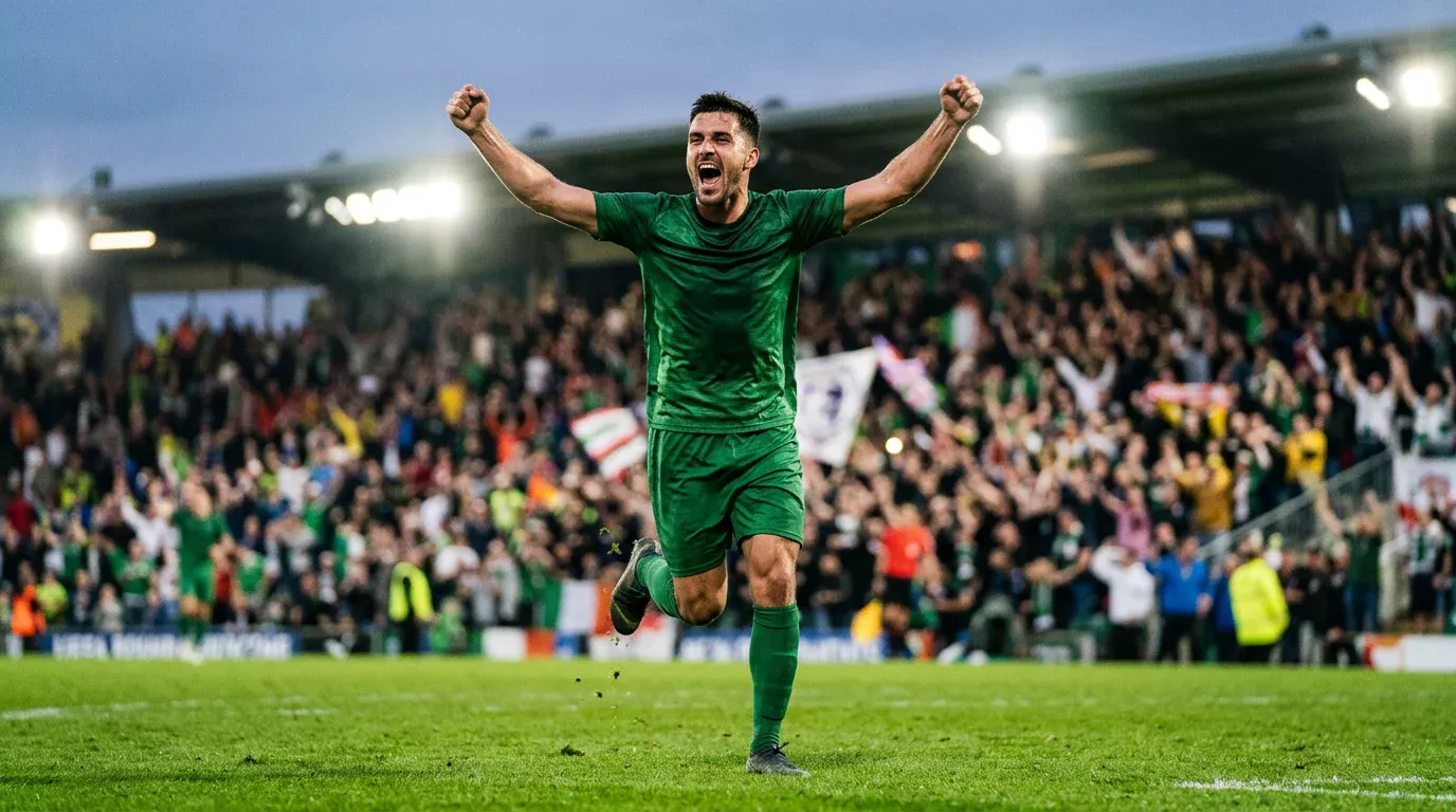 Delantero de fútbol celebrando un gol con los brazos alzados en un estadio de LaLiga