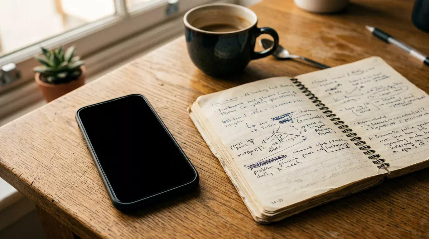Pantalla de móvil apagada sobre una mesa junto a un cuaderno de notas manuscritas