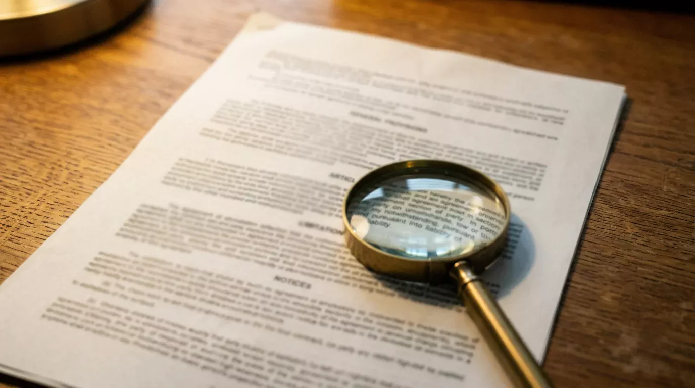 Documento impreso con letras pequeñas de condiciones contractuales sobre una mesa