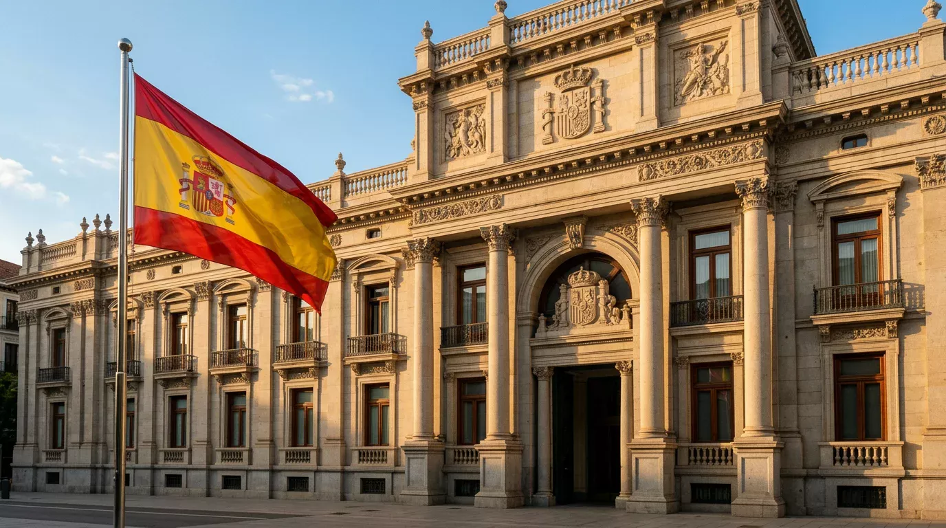 Fachada oficial de edificio administrativo con bandera de España ondeando, simbolizando la regulación del juego por la DGOJ