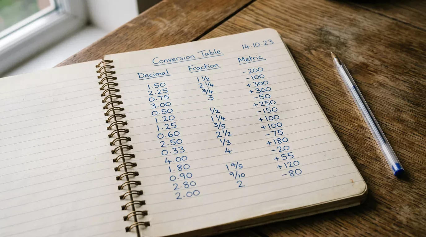 Cuaderno abierto con una tabla manuscrita de conversión de cuotas en varias columnas