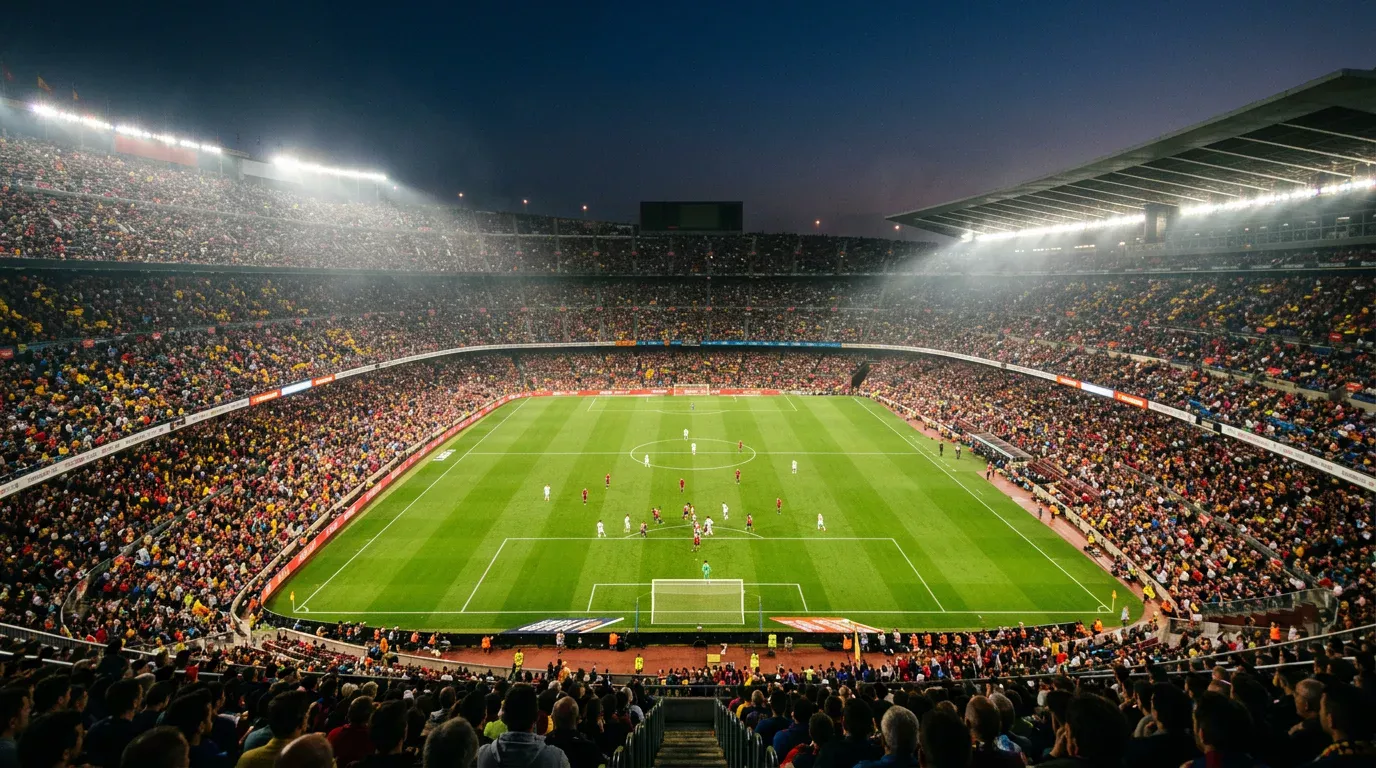Estadio lleno en jornada de LaLiga durante un partido nocturno