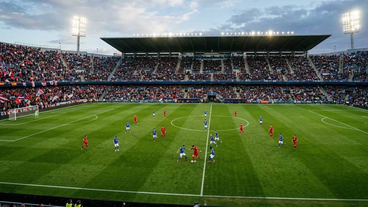 Partido de fútbol de LaLiga en un estadio con campo de césped visto desde la grada