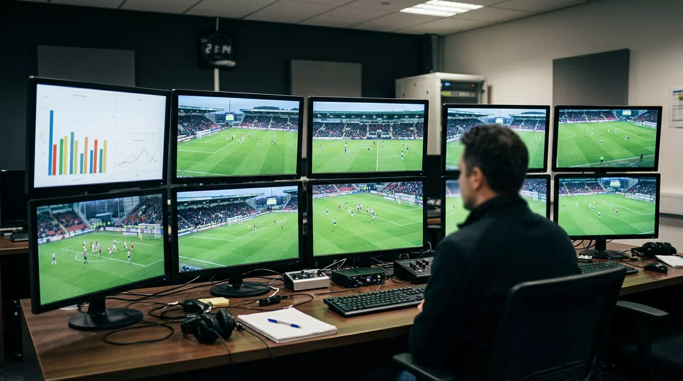 Sala de control con varios monitores mostrando un partido de fútbol y datos estadísticos