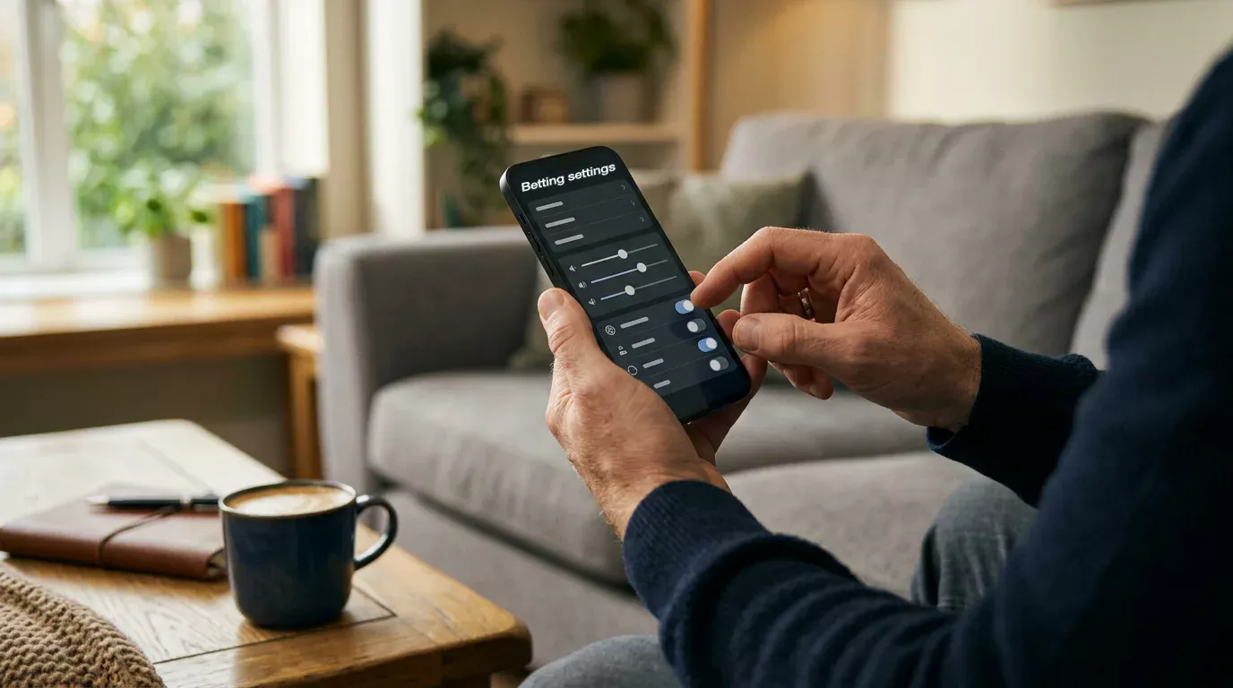 Persona adulta configurando límites de depósito en la pantalla de su teléfono móvil en un entorno hogareño
