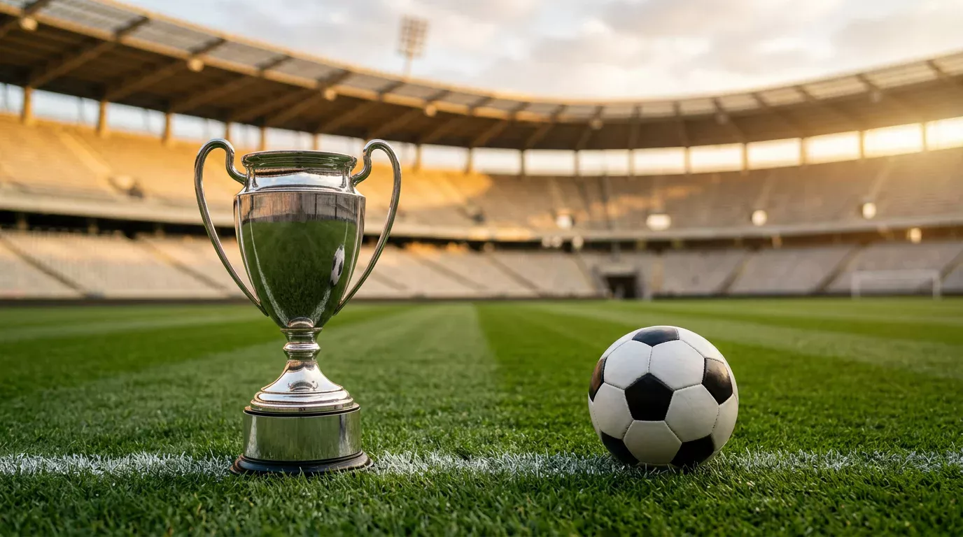 Trofeo de LaLiga EA Sports y balón sobre el césped antes de un partido de la Primera División española