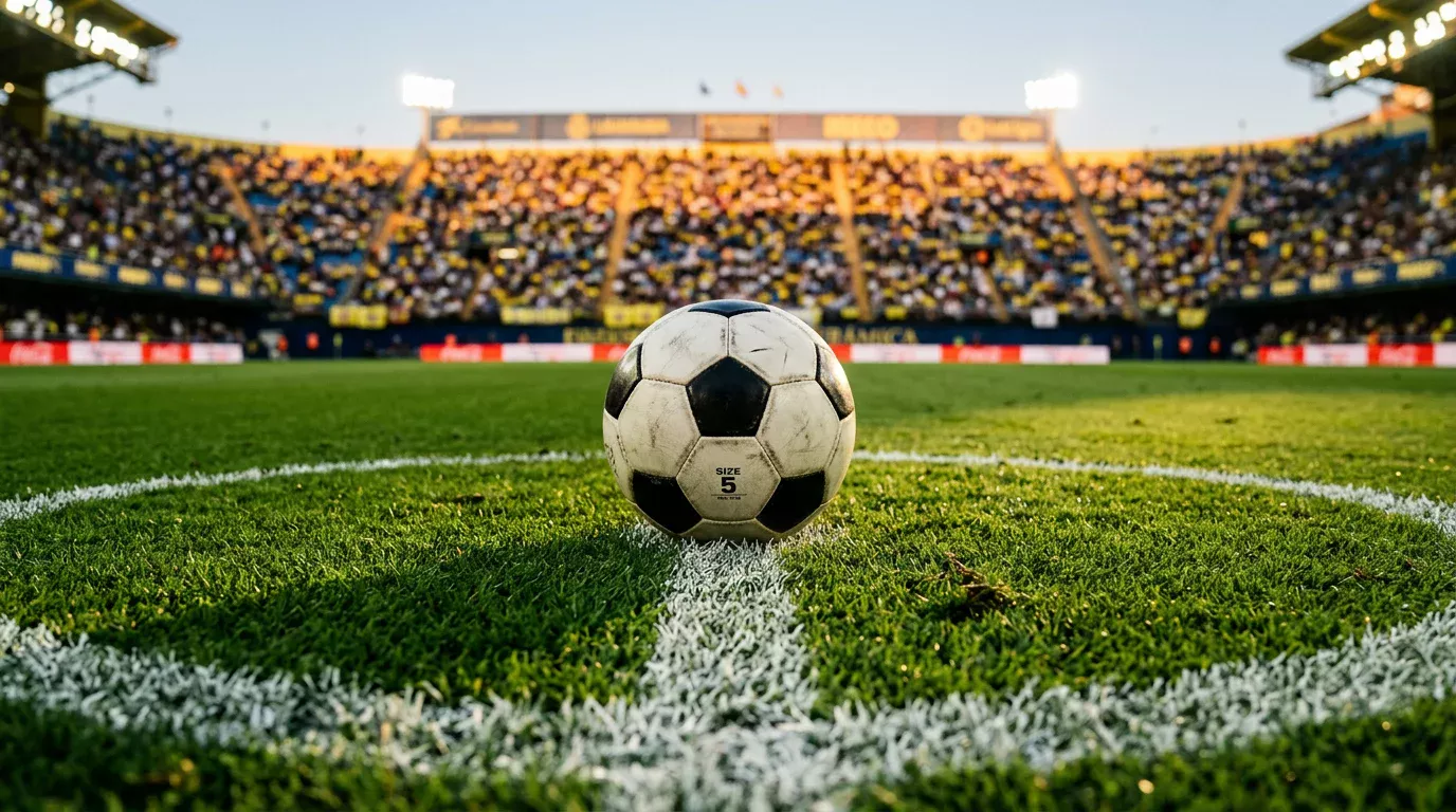 Balón de fútbol reglamentario sobre césped del estadio antes del saque inicial de un partido de LaLiga