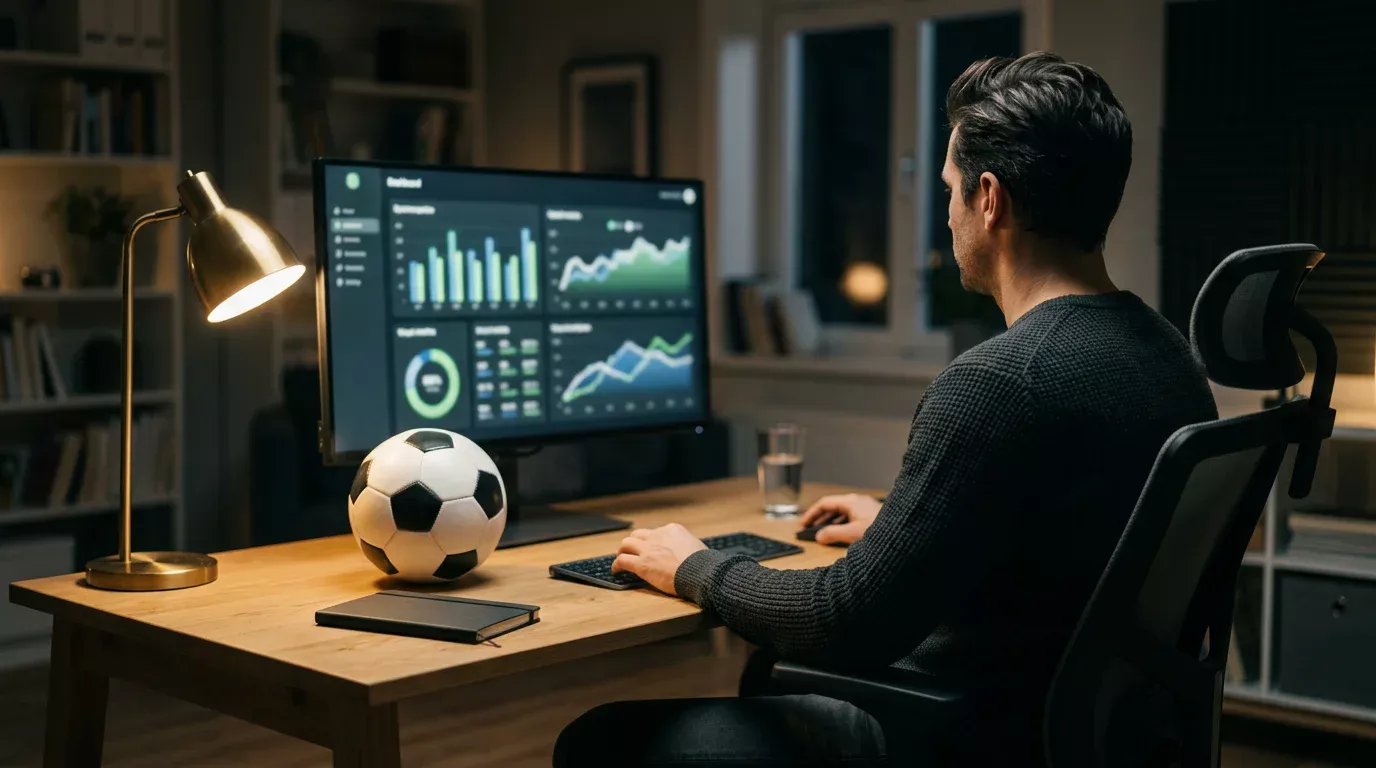 Analista revisando mercados de apuestas de LaLiga en una pantalla con cuotas y estadísticas