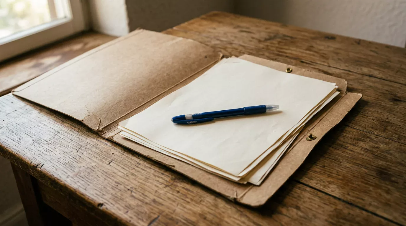 Carpeta de cartón con documentos en papel sobre una mesa de oficina iluminada