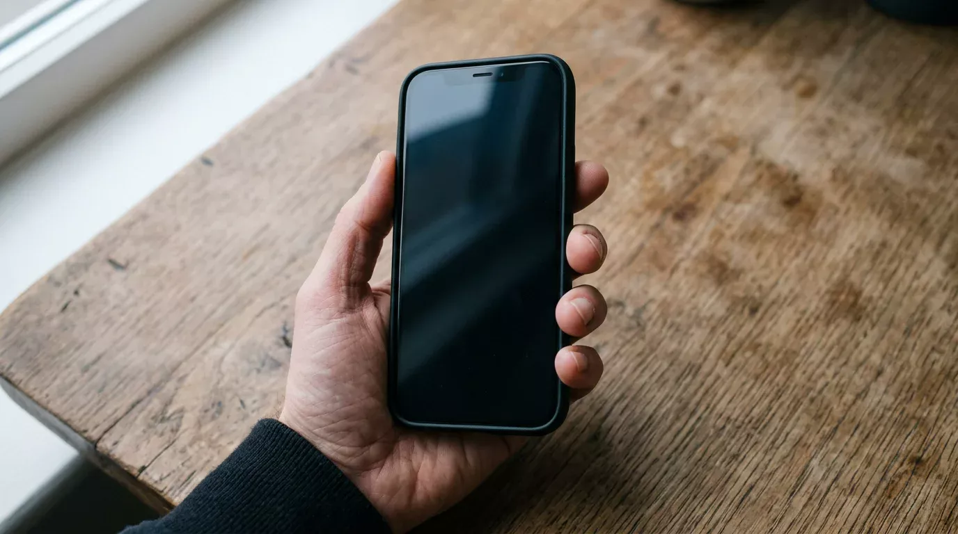 Persona sosteniendo un smartphone moderno con la pantalla apagada en una mano
