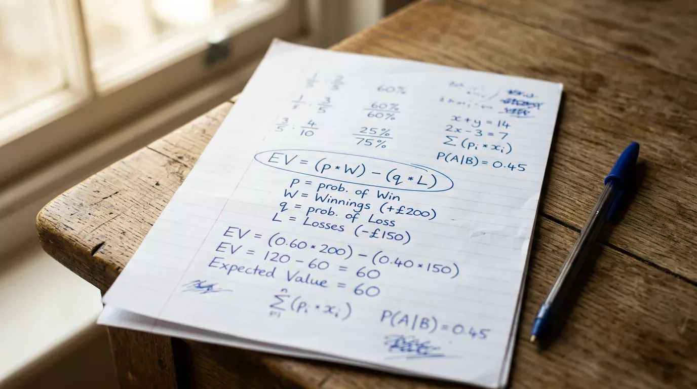Hoja de papel con fórmulas matemáticas manuscritas sobre una mesa de trabajo