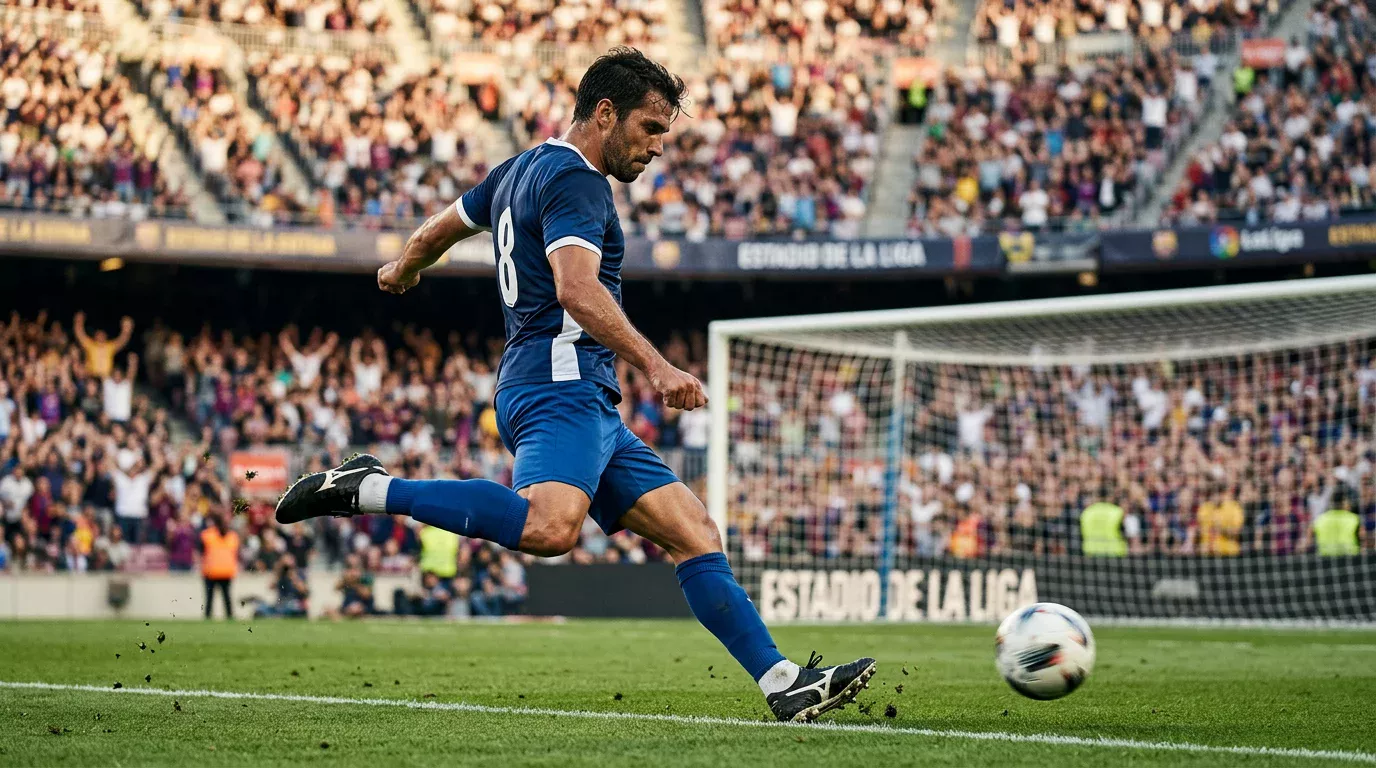 Delantero de fútbol a punto de rematar hacia portería en un estadio de LaLiga con el público al fondo