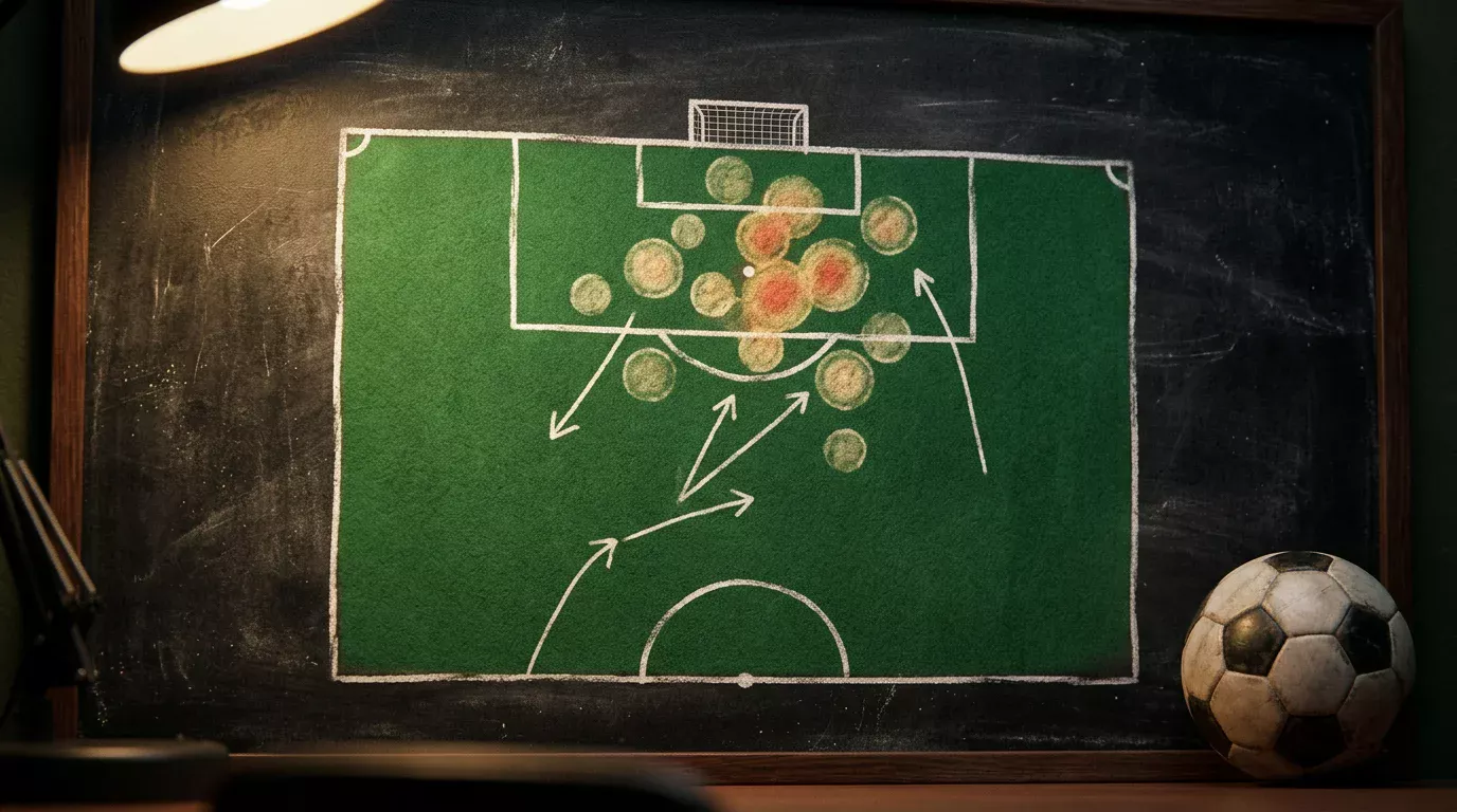 Pizarra táctica con representación visual de expected goals y zonas de ocasión en un campo de fútbol